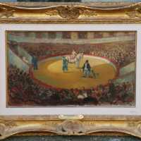 Marcel COSSON 1878-1956 "Au cirque, amazone et les clowns" huile sur toile signée en bas à gauche CADRE stuck doré(80X58)