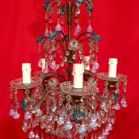 lustre chandelier cristal crystals flowers fleurs rose bleu opaline
