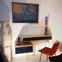 Corner desk, chair by Pierre Guariche, painting by Malmazet