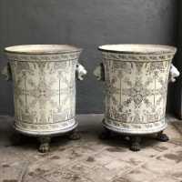 Two enameled cast iron garden vases