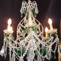 Golden chandelier 6 lights with white and green pendants XXth