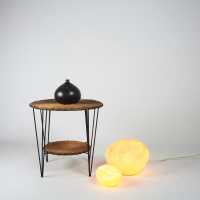 Gueridon circa 1950 double wicker top, black metal hairpin base