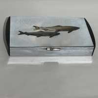 Wooden and silver metal box with embossed fish - Japan