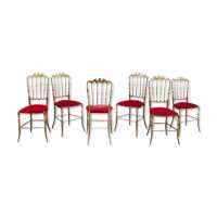 Chiavari, six chairs in golden brass and red velvet