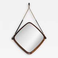 teak wood mirror 1950 1960 Italian leather cord
