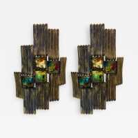 wall lights pair gilded wrought iron glass brutalist longobard poliarte italy 1970