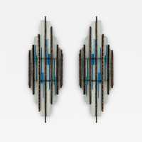 Pair of brutalist sconces in gilded wrought iron and hammered glass by Longobard. Italy 1970. in the style of Biancardi Jordan Arte, Poliarte, Carlo Aldo Nason, Mazzega Murano, Venini, Vistosi, La Murrina. pendant chandelier lamps