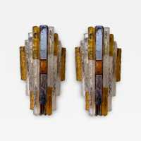 Pair of brutalist sconces in gilded wrought iron and hammered glass by Longobard. Italy 1970. in the style of Biancardi Jordan Arte, Poliarte, Carlo Aldo Nason, Mazzega Murano, Venini, Vistosi, La Murrina. pendant lightning chandelier wall lamps light mid-century
