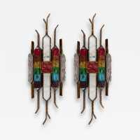 Pair of brutalist sconces in gilded wrought iron and hammered glass by Longobard. Italy 1970. in the style of Biancardi Jordan Arte, Poliarte, Carlo Aldo Nason, Mazzega Murano, Venini, Vistosi, La Murrina. pendant lightning chandelier lamps sconces mid-century