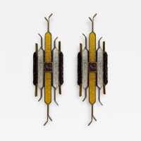 Pair of brutalist sconces in gilded wrought iron and hammered glass by Longobard. Italy 1970. in the style of Biancardi Jordan Arte, Poliarte, Carlo Aldo Nason, Mazzega Murano, Venini, Vistosi, La Murrina. pendant lightning chandelier wall lamps light mid-century