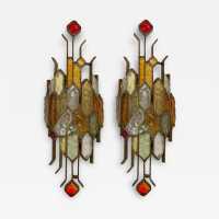 Pair of brutalist sconces in gilded wrought iron and hammered glass by Longobard. Italy 1970. in the style of Biancardi Jordan Arte, Poliarte, Carlo Aldo Nason, Mazzega Murano, Venini, Vistosi, La Murrina. lamps floor lamp chandelier suspension mid-century brass bronze