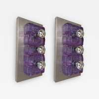 wall lights pair lamps pressed glass murano metal stainless steel poliarte longobard italy 1970