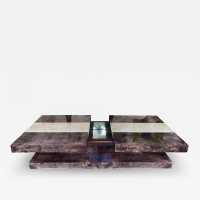 Parchment goatskin bar coffee table by Aldo Tura. Italy 1970 wood mirror Renato Zevi, Romeo Rega, Maison Jansen, Willy Rizzo, Mario Sabot, Maison et Jardin Gallery, Dal Vera console side tables
