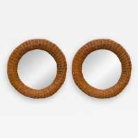 round mirror pair rattan bamboo italy 1970