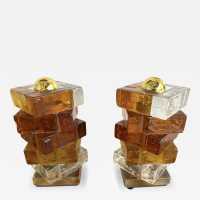 Pair of cube lamps in amber and transparent pressed glass by Poliarte. Italy 1970. in the style of Venini, Vistosi, La Murrina, Aldo Carlo Nason, Stilnovo, Joe Colombo, Arteluce, Arredoluce, Lumi, Luci, Reggiani, Sciolari, Werner Pantone, Luigi Colani, Raak, Angelo Lelii, Angelo Brotto, Esperia mid-century modern space age brass wood metal stainless steel chandelier ceiling pendant lightning floor lamp