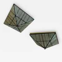 Pair of Pyramid ceiling or pendant lamp in hammered glass, metal and brass by Poliarte. Italy 1970. in the style of Biancardi and Jordan Arte, Longobard, Venini, Vistosi, La Murrina, Aldo Carlo Nason for Mazzega Murano, Toni Zuccheri for VeArt, Stilnovo, Joe Colombo, Arteluce, Arredoluce, Lumi, Luci, Rggiani, Sciolari. mid-century modern space chandelier ceiling pendant lightning flush mount