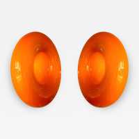 Pair of Bonbon sconces in orange Murano glass by Vistosi. Italy 2000. Original publisher's label. in the style of Fabbian, Venini, Veronese, La Murrina, Aldo Nason, Stilnovo, Joe Colombo, Arteluce, Arredoluce, Lumi, Luci, Rggiani, Sciolari, Werner Pantone, Luigi Colani, Raak, Angelo Lelii, Angelo Brotto, Esperia mid- century modern space brass metal stainless steel wood floor lamp chandelier pendant lightning wall light