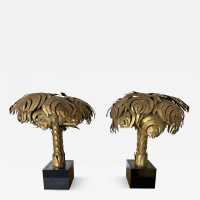 Pair of Mid-Century Modern Hollywood regency Iconic table or bedside lamps brass palm tree, black melamine base by Christian Techoueyres for Maison Jansen, one of the best model, nice patina. floor lamp 