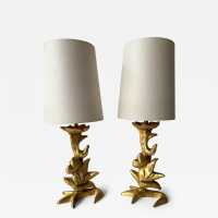 Pair of gilt-metal, bronze-style table or bedside lamps by Mathias for Fondica. Signed Mathias. Famous artists who worked for the manufacturer include Nicolas Dewael, Stéphane Galerneau, and Pierre Casenove. Styles: Garouste and Bonetti, Giacometti, Maison Jansen, Baguès, Charles, Hollywood Regency, Brutalism, Mid-Century Modern.