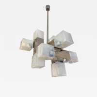 Cube-shaped pendant chandelier in blue opaline Murano glass and chrome-plated metal, manufactured by Mazzega. Designs by major brands such as Venini, Vistosi, La Murrina, Poliarte, Carlo Aldo Nason, and Toni Zuccheri.