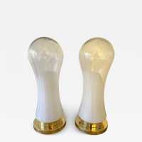 Pair or set of 2 Mid-Century Modern Space Age table or bedside lamps from the Mazzega factory. Design attributed to Carlo Nason, brass and blown Murano glass. Famous manufactory such as Venini, Vistosi, La Murrina, Seguso, Carlo Aldo Nason, Poliarte, Esperia, Angelo Brotto, Stilnovo, Arteluce, Arredoluce, Artemide, Pierre Cardin, Lumi, Luci, Raak, Angelo Lelii, Francesco Bocola, Superstudio, Enrico Tronconi, Mario Bellini, Harvey Guzzini, Luigi Massoni, Martinelli, Fabio Lenci, Gio Ponti.