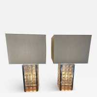 Rare large pair of mid-century modern space age pressed glass cube table or bedside lamps from the Italian manufacturer Poliarte in Verona. Internal flash base. Famous works like Venini, Vistosi, La Murrina, Aldo Carlo Nason, Stilnovo, Joe Colombo, Arteluce, Arredoluce, Lumi, Luci, Reggiani, Sciolari, Werner Pantone, Luigi Colani, Raak, Angelo Lelii, Angelo Brotto, Esperia, Francesco Bocola, Superstudio, Enrico Tronconi, Mario Bellini, Harvey Guzzini, Luigi Massoni, M