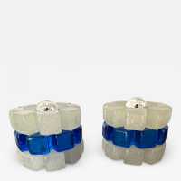 Pair of mid-century modern round cubic cylindrical lamps, designed by Italian manufacturer Poliarte. Pressed bubble glass with blue detail. Manufacture of famous publishers such as Venini, Vistosi, La Murrina, Seguso, Aldo Nason, Carlo Aldo Nason for Mazzega, Stilnovo, Arteluce, Arredoluce, Artemide, Pierre Cardin, Lumi, Luci, RAAK, Angelo Lelii, Francesco Bocola, Superstudio, Enrico Tronconi, Mario Bellini, Harvey Guzzini, Luigi Massoni, Martinelli, Fabio Lenci, Gio Ponti.