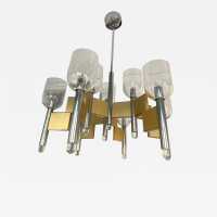 Space Age-style pendant chandelier, mid-century modern design, designed by Italian designer Gaetano Sciolari. Brass, chrome-plated metal, and Murano glass bowl. Famous creations such as Reggiani, Stilux, Stilkronen, Boulanger, and Esperia.