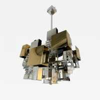 Space Age-style pendant chandelier, Mid-Century Modern design, designed by Italian designer Gaetano Sciolari for one of his editors, Stilkronen. Chrome-plated metal, brass, and glass. Famous designs: Reggiani, Stilux, and Esperia.