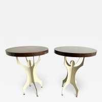 contemporary low bedside tables or pedestal tables in white cream lacquered metal and chocolate brown lacquered wooden top. In the mood of mid-century modern Memphis Group, Michele De Lucchi, Matteo Thun, Marco Zanini, Aldo Cibic, Andrea Branzi, Shiro Kuramata, Michael Graves, Peter Shire, Javier Mariscal, Barbara Radice, Martine Bedin, George J. Sowden, Masanori Umeda and Nathalie du Pasquier, Joe Colombo, Arteluce, Arredoluce, Lumi, Luci, Rggiani, Werner Pantone, Luigi Colani, RAAK, Francesco Boco