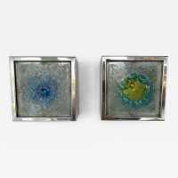 Pair of Mid-Century Modern Space Age wall sconces attributed to Raak. Blown bubbled glass and chrome metal. Famous manufacture like Italian design Venini, Vistosi, La Murrina, Seguso, Aldo Nason, Poliarte, Esperia, Angelo Brotto, Stilnovo, Arteluce, Arredoluce, Artemide, Pierre Cardin, Lumi, Luci, Angelo Lelii, Francesco Bocola, Superstudio, Enrico Tronconi, Mario Bellini, Harvey Guzzini, Luigi Massoni, Martinelli, Fabio Lenci, Gio Ponti.