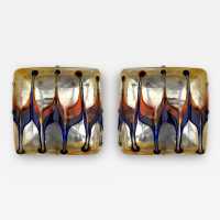 Pair of mid century modern space age wall sconces, Harlequin sconces in textured multicolor Murano glass and metal. Can be used as flush mounting. Famous Italian design like Venini, Vistosi, La Murrina, Aldo Carlo Nason for Mazzega, Stilnovo, Joe Colombo, Arteluce, Arredoluce, Lumi, Luci, Rggiani, Sciolari, Werner Pantone, Luigi Colani, Raak, Angelo Lelii, Angelo Brotto, Esperia, Francesco Bocola, Superstudio, Enrico Tronconi, Mario Bellini, Harvey Guzzini, Luigi Massoni, Mar