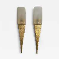 Pair of Murano glass and gold leaf gilded wood sconces by Sergio Terzani Firenze, original factory label dated 1999. Styles Mid-Century Modern, Hollywood Regency, Venini, Mazzega, La Murrina, Veronese, Fratelli Toso, Vistosi, Esperia, Angelo Brotto, Maison Jansen, Bagues, Charles