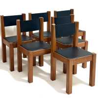 Set of Six Elm and Leather Chairs, Michel Milleret, Paris 1979