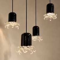 Murano pendant lights, set of 4 in black blown glass with clear crystal leaves, circa 1960, lit