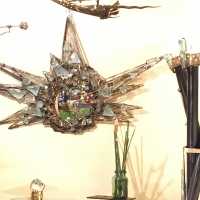 Miroir soleil, laiton, cristal de roche, verre, pièce unique, 1995