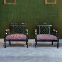 Paire de fauteuils, acajou laqué aubergine, Maison Jansen Décoration, ca 1950