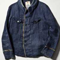 Rare veste de pompier, lin chevron dit "herringbone" en indigo naturel, fin XIXe
