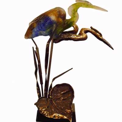 Lamp representing two herons in gilt bronze and glass paste signed Lohé