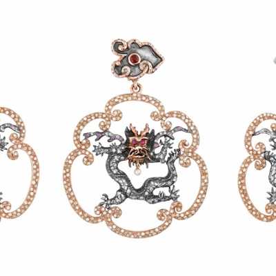 Guardian of the heavenly sky, 18K rose gold, silver, diamonds, rubies, unique piece, designer: Sylvie Corbelin