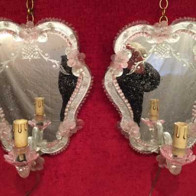 paire miroirs appliques murano italien fleurs rose electrique