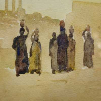 Détail de femmes portant des jarres