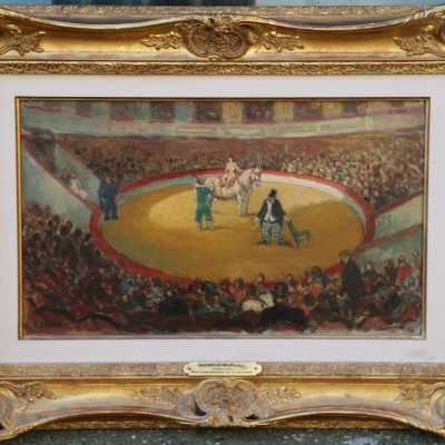 Marcel COSSON 1878-1956 "Au cirque, amazone et les clowns" huile sur toile signée en bas à gauche CADRE stuck doré(80X58)