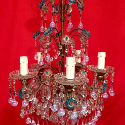 lustre chandelier cristal crystals flowers fleurs rose bleu opaline
