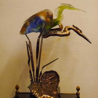 1970/80' Héron en bronze et pâte de verre formant lampe signé LOHE