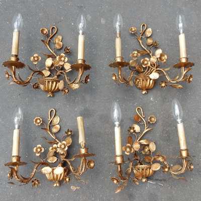 1970 '2 Pairs Of Walls Gold Plated Flowers and Foliage with 2 Ampoules
