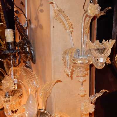1950' Paire d'appliques 1 bras Murano Cristal et Paillons d'Or