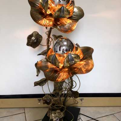 lampadaire lampe lamp doré laiton fer fleurs