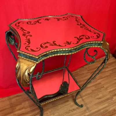 gueridon table d'appoint fer forgé vert green doré golden gold églomisé miroir