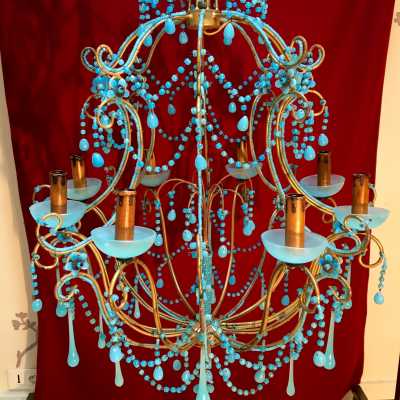 lustre chandelier opaline bleu blue light lampe lamp lumières